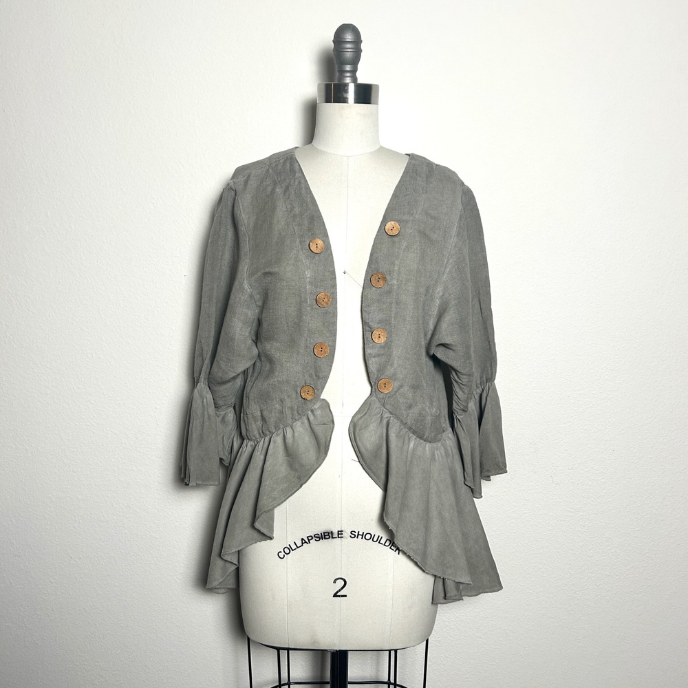 Crosstree Lane Sage Green Gray Linen Blend Ruffle Peplum Bell Sleeve Cardigan M